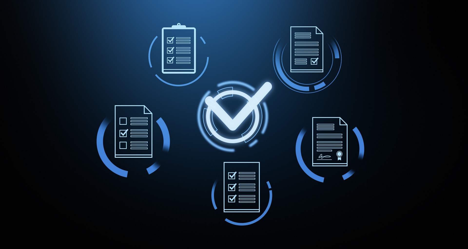 Digital Document Icons with Checkmarks on Dark Background. 3D Rendering